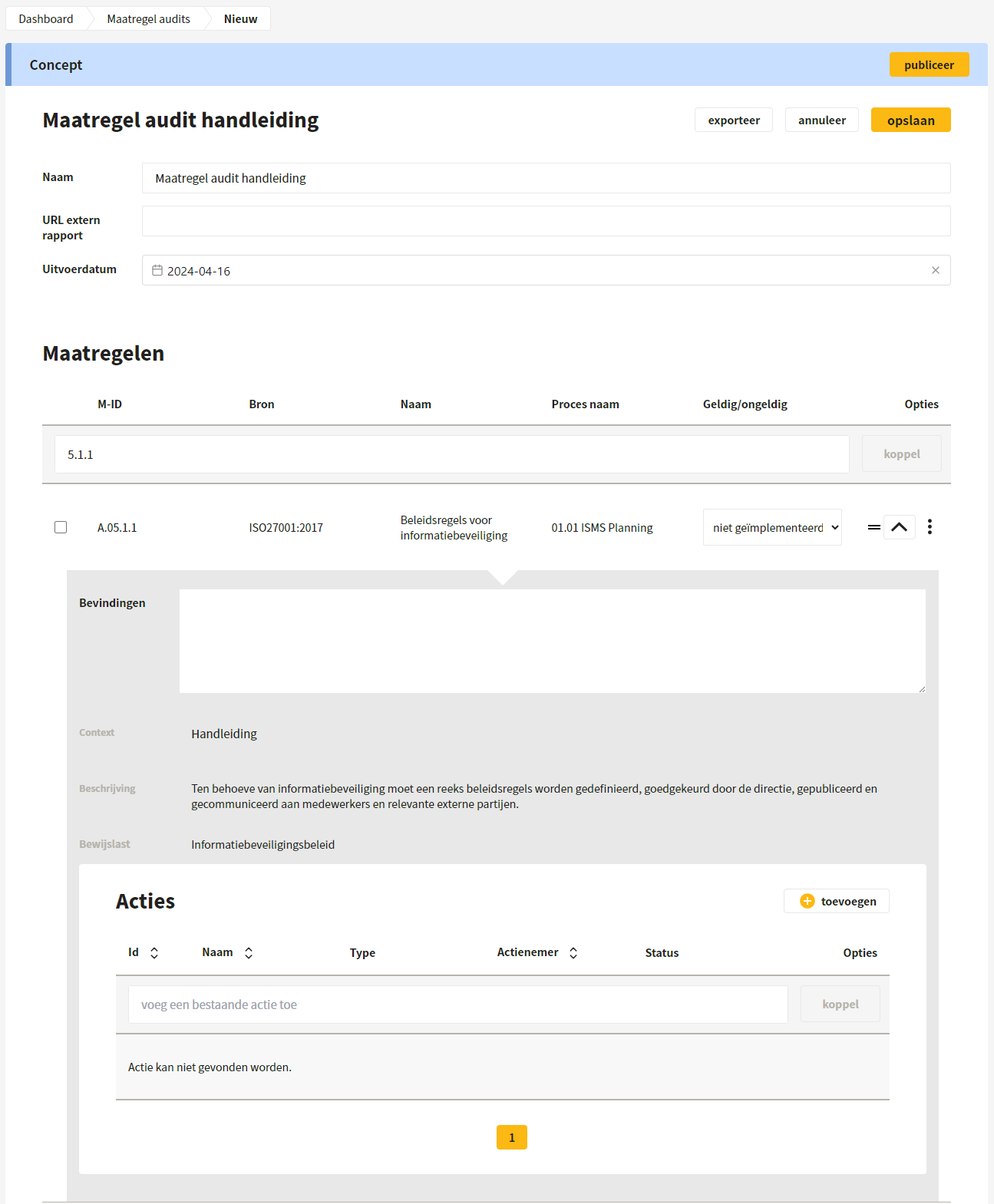 Aanmaken maatregel audit