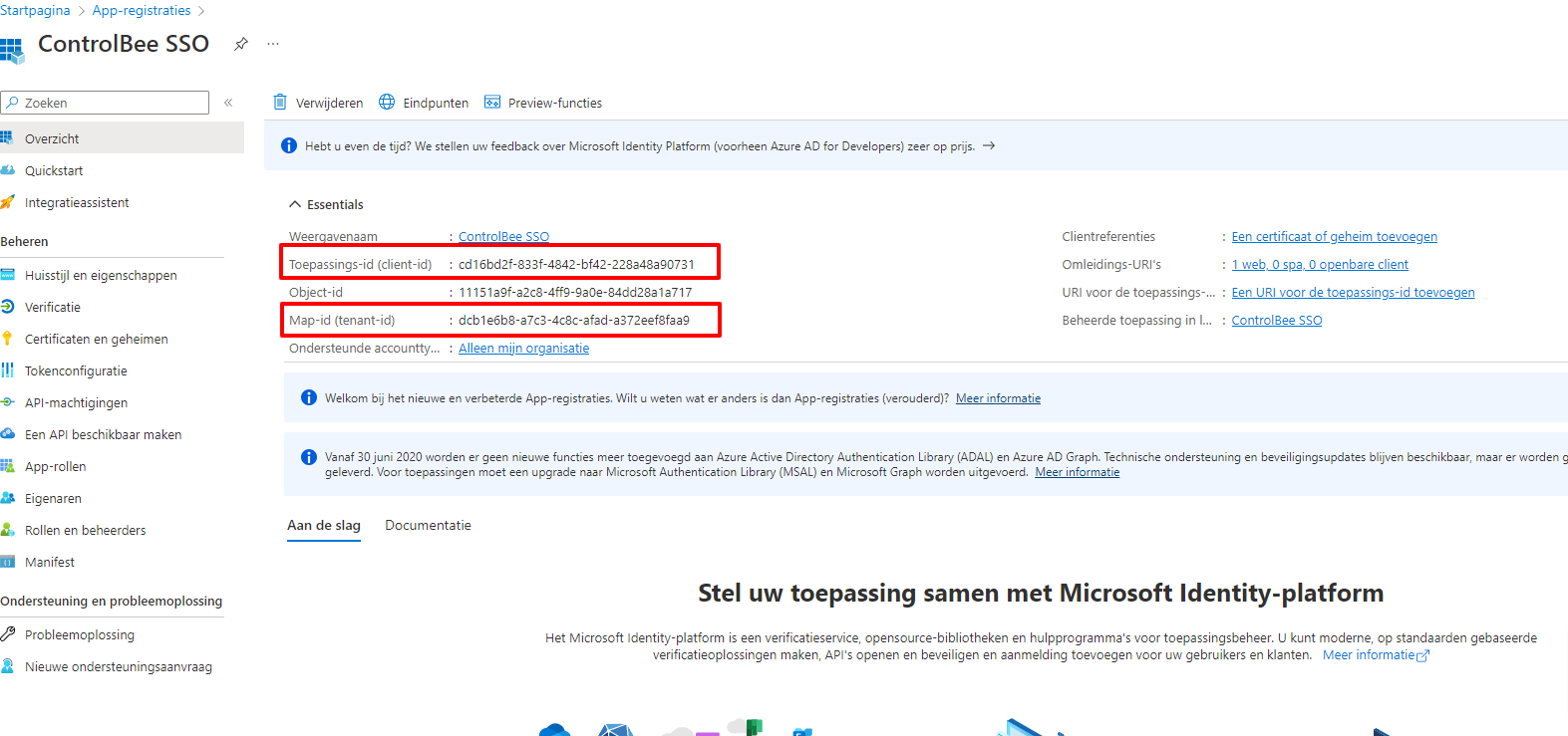 De cliënt-id en tenant-id in Azure